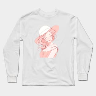 Minimalist line art pretty girl in pink Long Sleeve T-Shirt
